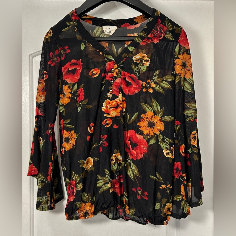 🌺 Ember Black Sheer Floral Bell Sleeve Top – Size M